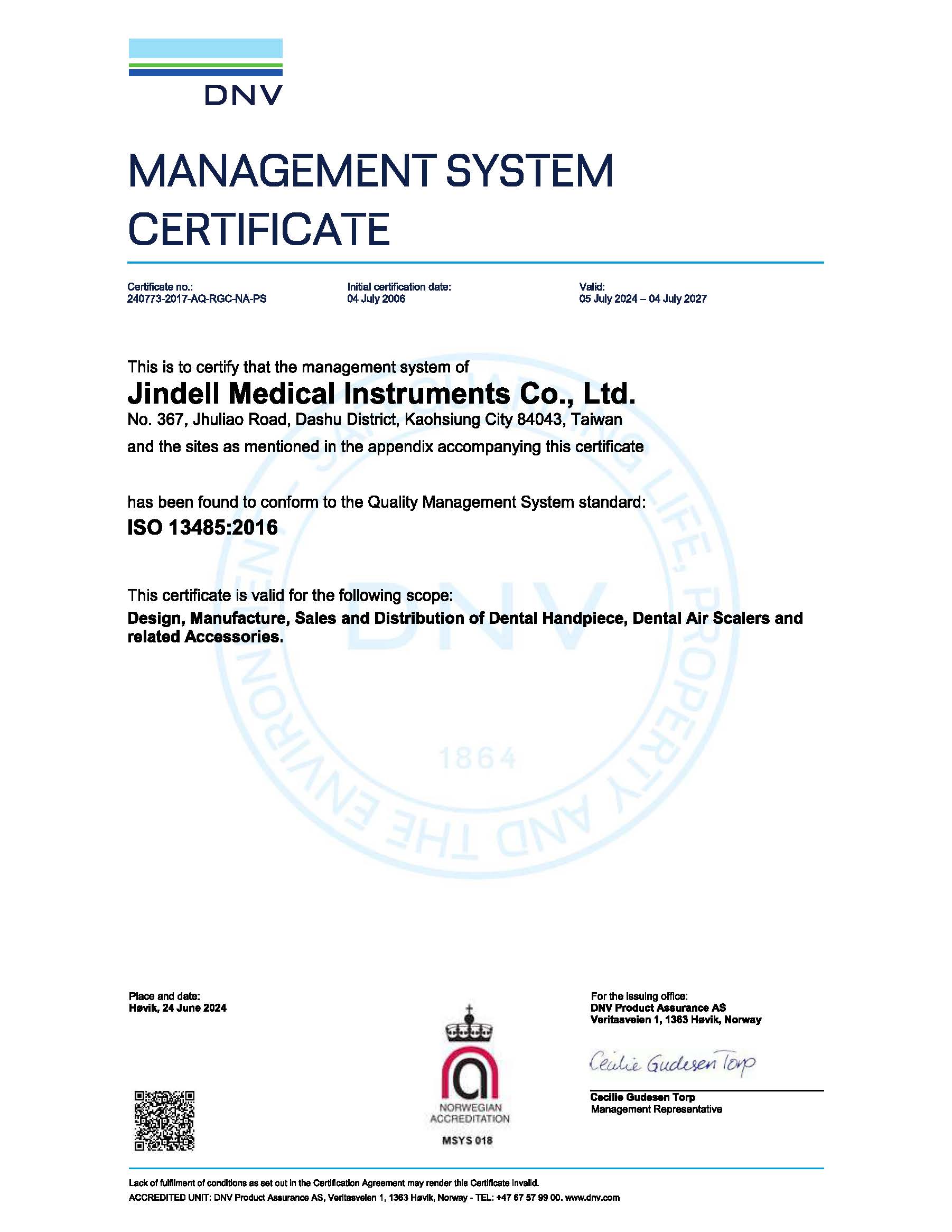 JinDELL ISO 13485-2016 certificate 2024 edition.